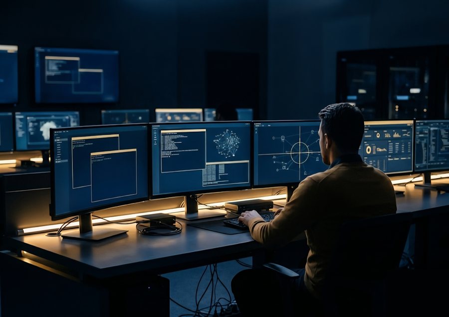 Security analyst monitoring a virtual SOC lab with multiple screens